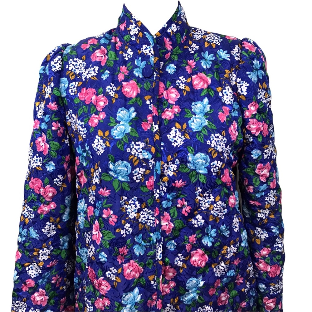 Miss Elaine S Blue Floral Long Quilted Robe Lounge Housecoat Pockets Button Up - Picture 4 of 10
